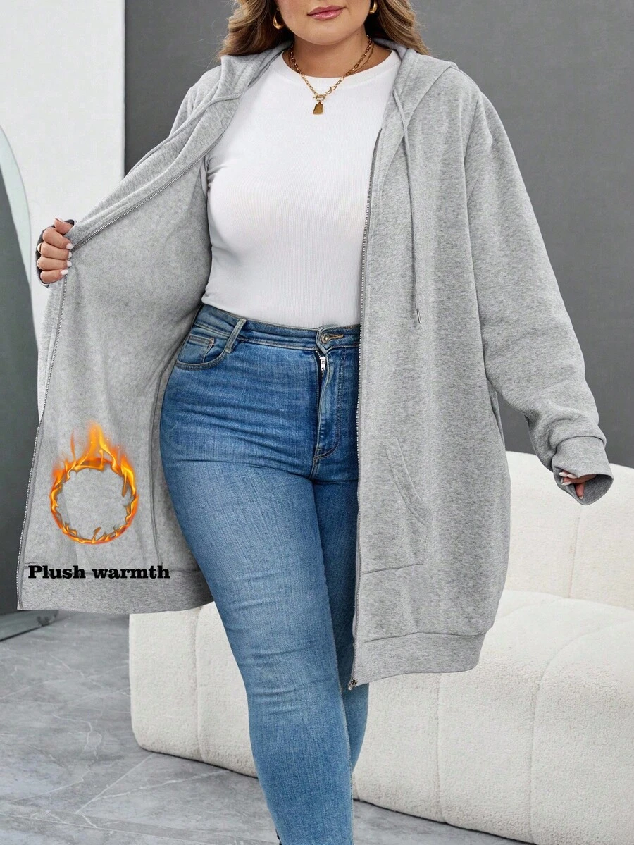 SHEIN CURVE+ Felpa con cappuccio casual con chiusura lampo e tasche, tinta unita, taglie comode, abbigliamento autunnale/invernale da donna