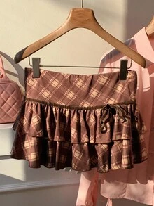 Comfortcana 女式格子蝴蝶结装饰双层荷叶边下摆时尚 A 字裙