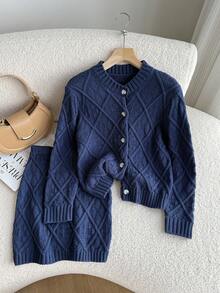 Bộ áo len cardigan họa tiết kim cương dài tay cổ tròn màu xanh navy có chân váy rút dây, 2 món cho bé gái mặc trong kỳ nghỉ lễ và du lịch - Màu xanh hải quân - Xem 6