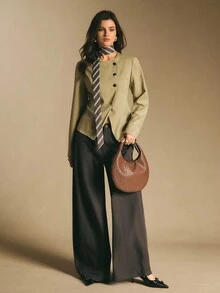 Poéselle 女士绿色西装外套，不对称纽扣门襟西装外套，单排扣长袖休闲西装外套，适合秋冬季新年休闲穿着 - 綠色 - 查看 3