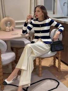 Pariaura French Casual Style Fitted Round Neck Long Sleeve Striped Black & White Knit Cardigan For Women, Spring/Autumn - Navy Blue - View 3