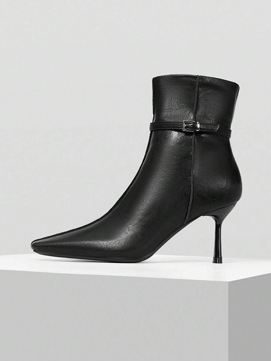 Mnmlis 欧美风格女士方头高跟踝靴，百搭细跟短靴，2025年秋冬新品 - 黑色 - 查看 1