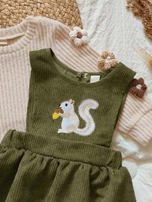 SHEIN Vintaside Kids 女婴可爱刺绣松鼠图案长袖连衣裙，背带裙套装，可爱甜美，适合各种场合，秋冬 - 彩色 - 查看 4