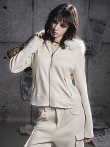 Bloopia Retro American Sporty Casual Street Style Women's Patchwork Faux Fur Collar Loose Zip-Up Hoodie Jacket, Suitable For Autumn/Winter And Halloween - Apricot - View 5