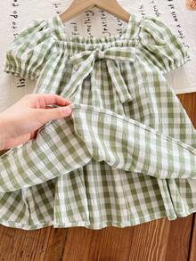 SHEIN Cute Baby Girl Plaid Short Sleeve Bow Loose Summer Vacation Dress - Green - View 3