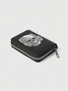 ROMWE Gothic Skull And Floral Print Wallet Multifunctional Card Holder Zipper Coin Purse Unique Gift For Independence Day & Halloween For Men Wallet Mini Wallet Purse Wallet Card Wallet - View 4