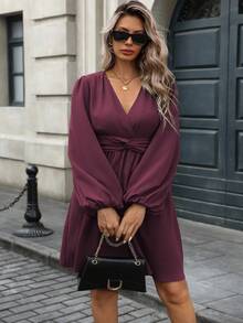 Vionelle Plus Size Women's Crossover V-Neck Twist Waist A-Line Puff Sleeve Lantern Sleeve Dress, Angora Red, Elegant, Sophisticated, Romantic French Retro Street Casual Minimalist Versatile, Suitable For Halloween, Christmas, Thanksgiving, Afternoon Tea Party, Autumn/Winter Plum Dress Long Sleeve Elegant Dress Wine Dress Puffy Sleeve Dress