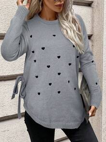 SHEIN Frenchy Damen Herzmuster Rundhals Langarm Lässig Pullover Herbst Winter Kleidung für Frauen