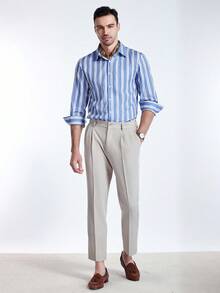 Manfinity Homme 男士休闲通勤条纹长袖衬衫，蓝色条纹衬衫，秋季款 - 藍白色 - 查看 3