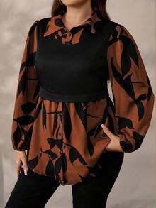 EMERY ROSE Blusa casual de punto con estampado floral y patchwork para mujer talla grande, otoño/invierno - Naranja - Ver 5
