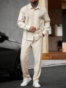 Manfinity Homme 男士印花长袖衬衫领夹克和裤子套装，适合正式或休闲场合，带有独特的腰带，休闲、度假、餐饮、简约办公、休闲家居百搭风格，是送给男朋友或丈夫的最佳礼物，秋季服装 - 杏色 - 查看 6