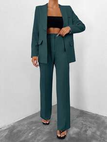 EURMUSE Women Solid Color Blazer And Pants Suit Set