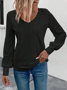 EMERY ROSE Women's Contrast Lace V-Neck Long Sleeve Casual Fashion T-Shirt - Black - View 4