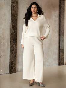 Roveilla Conjunto de 2 piezas de top de manga larga y pantalones de punto elegante y casual en estilo francés para mujer de talla grande - Albaricoque - Ver 3