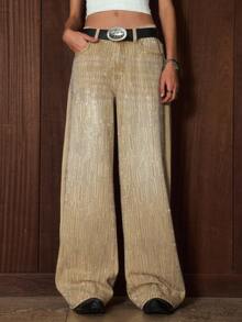 Easelle Jeans vintage kaki à jambes larges, coupe ample, avec poches et ornements de strass pour femmes. Tenue de fête pour l'hiver et l'automne - Kaki - Voir 6