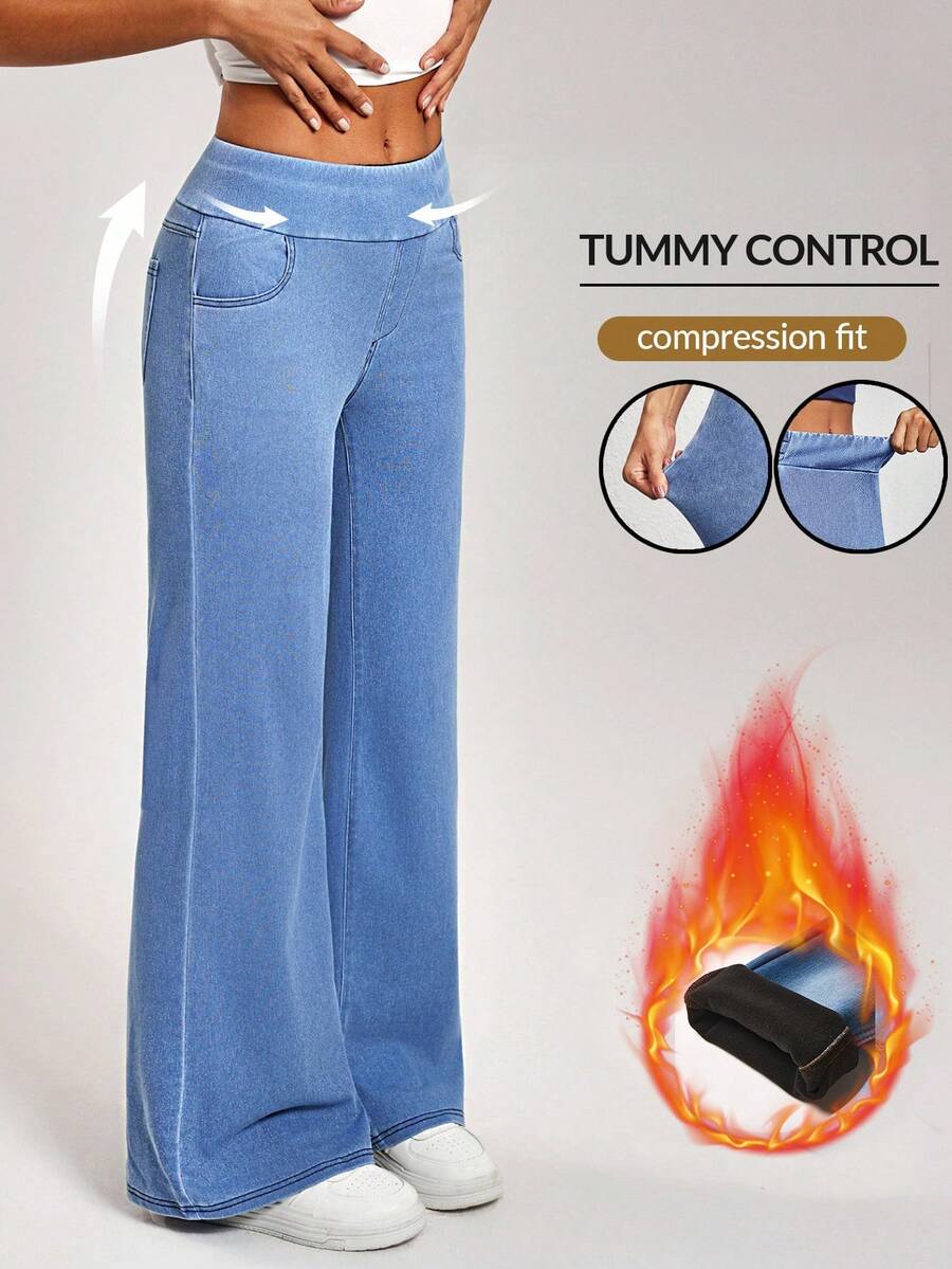 Flexra Quần jeans nữ cạp chun màu trơn thời trang thu đông - Màu xanh lam - Xem 1