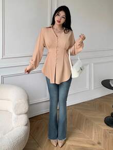 Celisse Camisa de manga larga con cintura ceñida de unicolor casual para mujer, otoño