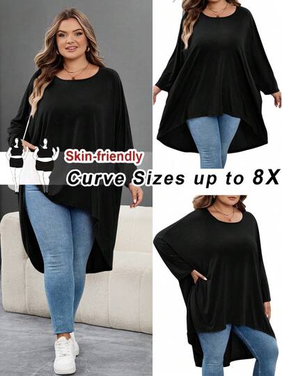 SHEIN CURVE+ Plus Size Loose Bat Wing Hem Asymmetrical Hem Front Short Back Long T-Shirt, Crew Neck, Solid Color, Stretchy, Soft, Comfortable, Versatile, Fashionable, Everyday Wearfall Clothes For Women,Winter,CURVE PLUS/Autumn /Winter