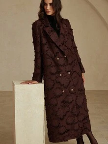 Aveloria Rosie 秋冬卡其色英伦风复古优雅简约宽松加厚3D刺绣长款风衣西装外套 - 棕色 - 查看 4