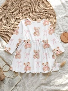 SHEIN Baby Girl Sweet Cute Bear Bow Heart Print Round Neck Long Sleeve A-Line Dress, Suitable For Outings In Autumn