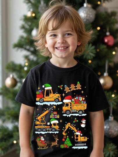 SHEIN Young Boy's Casual Classic Christmas Warm & Comfortable T-Shirt With Star, Christmas Tree, Excavator, Cartoon, Christmas Pattern, Suitable For Summer