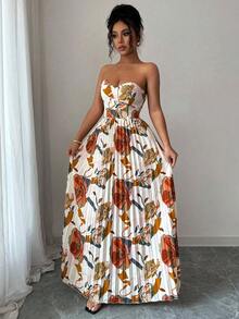 Selianne 女士数码花卉印花紧身胸衣腰部 A 字褶皱优雅浪漫连衣裙 - 彩色 - 查看 5