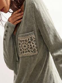 Bohemela Blusa casual de manga larga con bolsillo y media cartera con botones para mujer de talla grande - Verde militar - Ver 7