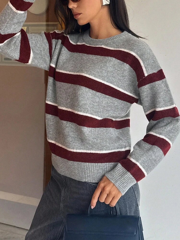 Women's Casual Striped Loose Fit Crew Neck Sweater, Autumn/Winter Y2k