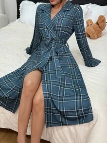 SHEIN Plaid Print Long Sleeve Belted Robe, Autumn, Cozy Outfit