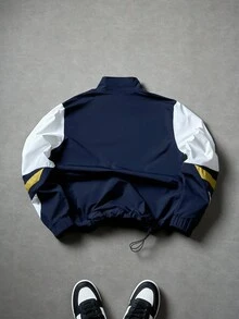 Aesthetic Post 男士休闲立领长袖夹克，防风外套/户外防风外套，撞色设计半拉链立领夹克，饰有字母图案，下摆可调节抽绳，适合日常穿着、户外活动、运动、休闲、上学、聚会、音乐节等场合。可作为礼物送给朋友和男友，秋季必备。 - 藏蓝色 - 查看 2