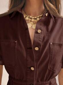 Aralina Mono de mezclilla para verano/invierno/otoño con detalles dorados, adecuado para un atuendo de concierto campestre de otoño con estilo Y2K de Estocolmo - Marrón Chocolate - Ver 4