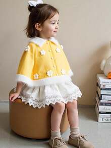 Casaco de Tricô Poncho Floral Amarelo Fofo e Casual para Meninas, Macio e Confortável, Adequado para Uso Diário, Outdoor, Viagem, Férias, Casa, Creche, Outono/Inverno, Natal, Volta às Aulas, Festa, Versátil Suéter de Inverno Natal Halloween Outono Inverno Casacos Suéteres - Amarelo - Visão 5