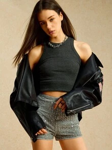 Easelle 女式亮片松紧腰紧身短裤 - 灰色 - 查看 7