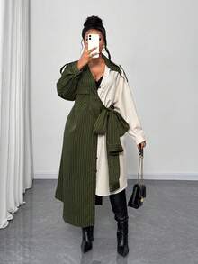 Maweii 大码女式拼布条纹侧结工装口袋休闲通勤连衣裙