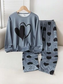 2pcs/Set Girls Cute Heart & Peach Print Soft Fabric Pullover Long Sleeve Top And Pants Pajama Set, Suitable For Autumn/Winter, Dark Gray