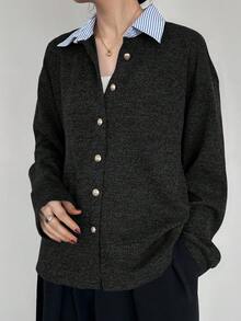 FRIFUL Women's Casual Everyday Work Commute Contrast Stripe Collared Single-Breasted Cardigan, Spring/Autumn Long Sleeve Top - Black - View 4