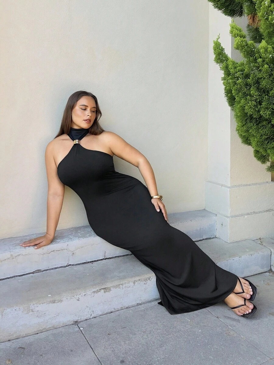 Nezia Cruz 女士优雅性感金属扣装饰镂空修身黑色针织弹力连衣裙 - 黑色 - 查看 1