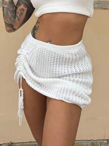 Bearsaez Summer Beach Hollow Out Drawstring Side Cover Up Skirt