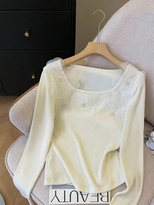 GlowEve 女式杏色优雅 3D 珍珠花方领长袖修身针织上衣，时尚青春 - 杏色 - 查看 7