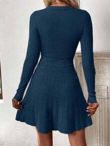 EMERY ROSE Women's Solid Color Minimalist Long Sleeve Crew Neck Sweater Dress, Casual Everyday Wear - Navy Blue - View 2