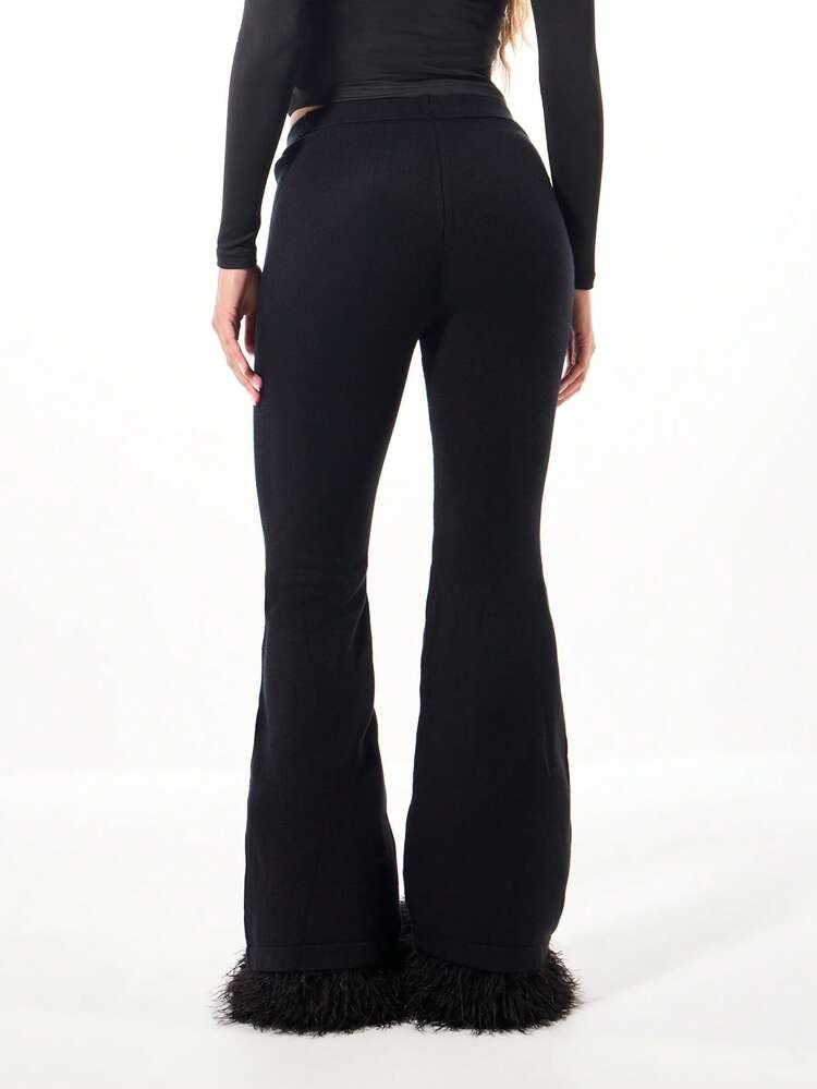 SUMWON WOMEN Black Flared Pants With Feather Trim Hem