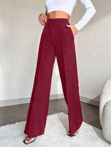 EURMUSE Women's Solid Color High Waist Pocket Toothpick Stripe Design Straight Leg Casual Pants - Burgundy - View 3
