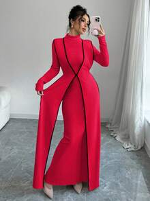 Elenzga 2pcs/Set Women Knitted Ribbed Turtleneck Colorblock Long Dress - Red - View 6
