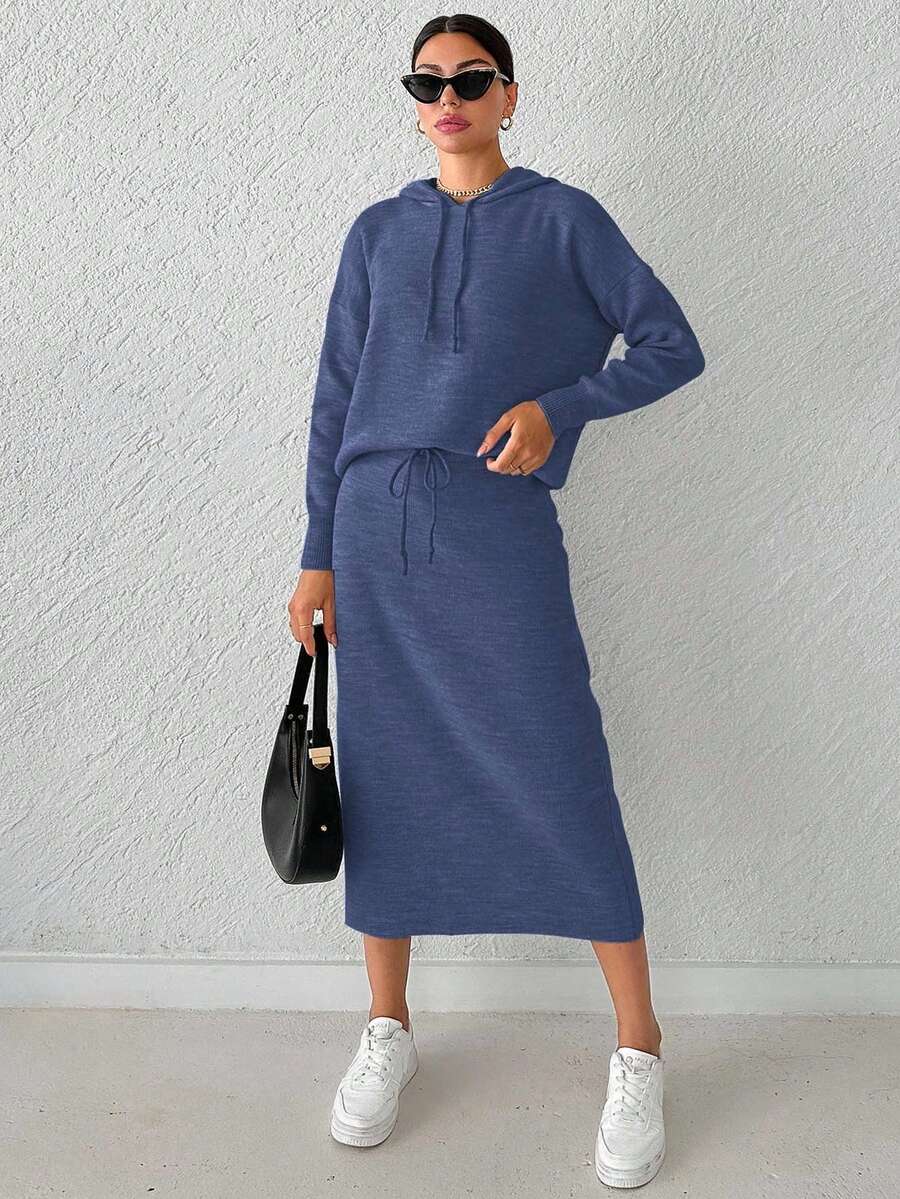 SHEIN Cottnline Women's Solid Color Drawstring Hooded Sweater And Knitted Skirt Two-piece Set - Dusty Blue - View 1
