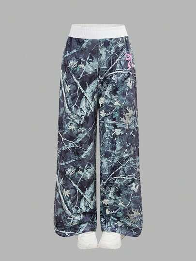 SHEIN Girlism Tween flickor casual sport street fashion kamouflage & lövtryck kontrasterande midjeband lösa mjukisbyxor med vida ben