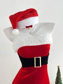 Elamini 1pc Contrast Color Strapless Bodycon Mini Dress With Metallic Buckle Decor, Suitable For Christmas, New Year Party, Stage Performance, Cosplay, Sexy Club Wear