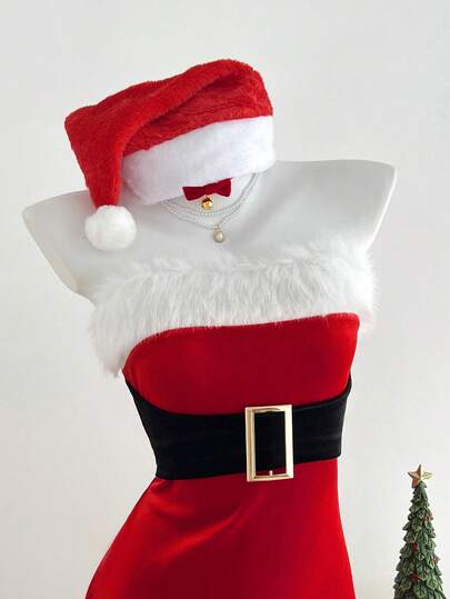 Elamini 1 pieza Vestido mini ajustado sin tirantes de color contrastante con decoración de hebilla metálica, adecuado para Navidad, fiesta de Año Nuevo, actuación en el escenario, cosplay, ropa sexy de club