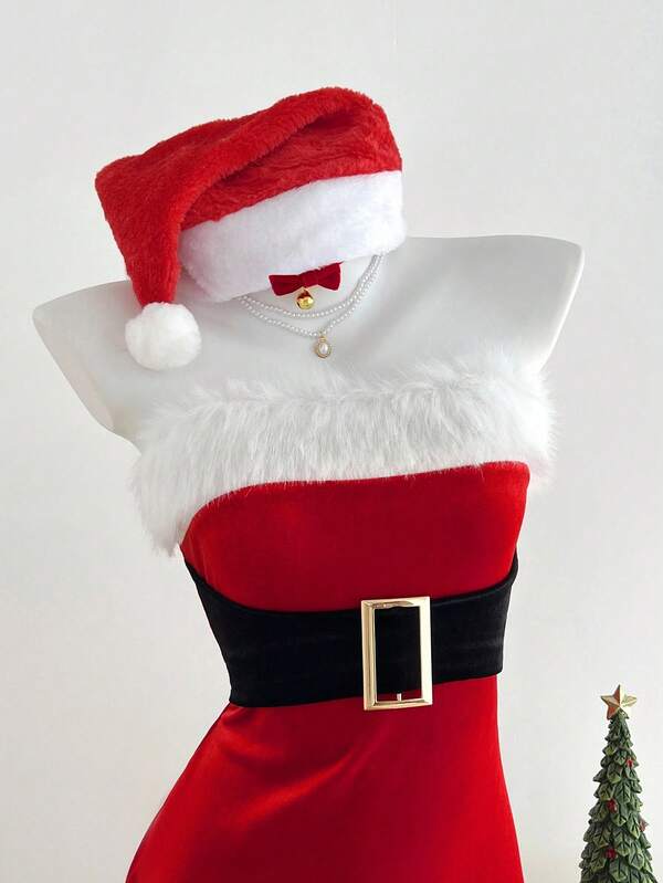 Elamini 1pc Contrast Color Strapless Bodycon Mini Dress With Metallic Buckle Decor, Suitable For Christmas, New Year Party, Stage Performance, Cosplay, Sexy Club Wear