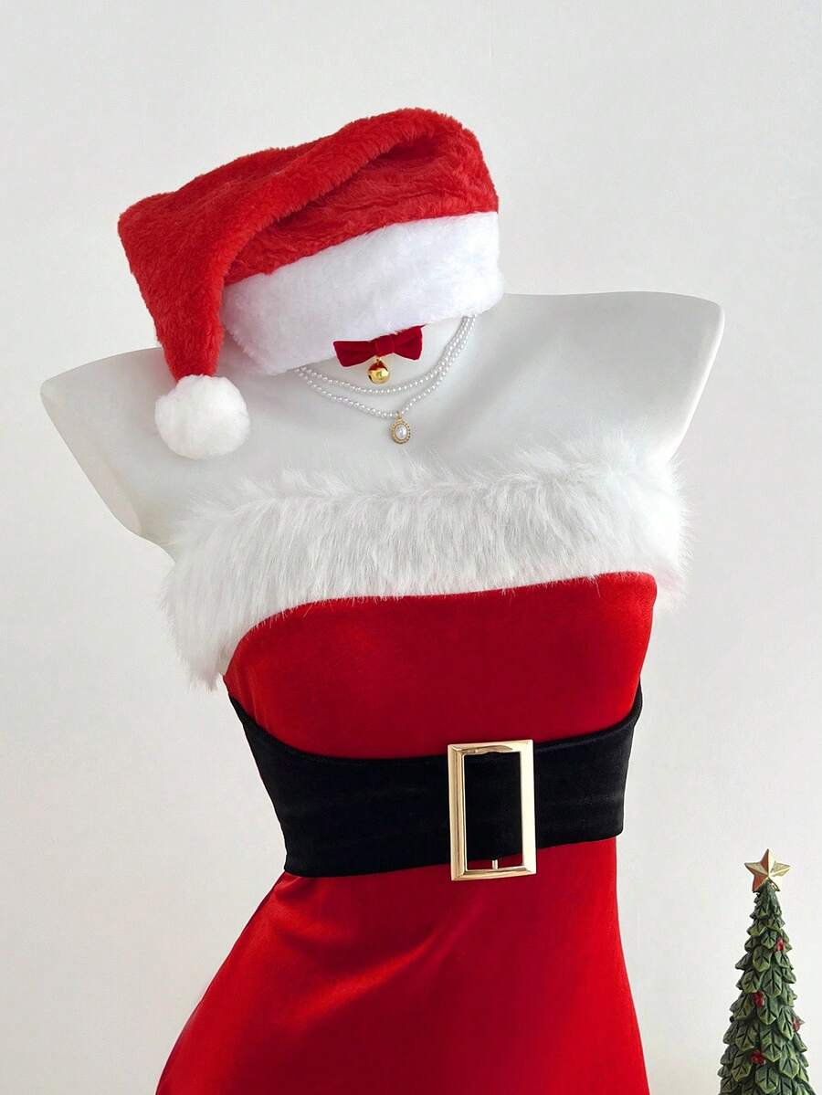 Elamini 1pc Contrast Color Strapless Bodycon Mini Dress With Metallic Buckle Decor, Suitable For Christmas, New Year Party, Stage Performance, Cosplay, Sexy Club Wear