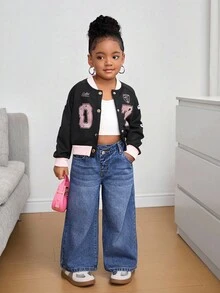 SHEIN 2件套少女宽松不对称腰身保暖牛仔裤，适合秋季、冬季休闲时尚度假、街头穿搭，2000年代风格，万圣节牛仔裤，圣诞节 - 黑色 - 查看 7